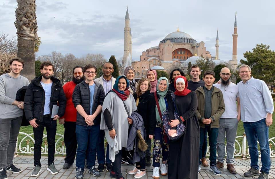 Group shot of scholars in front of Blue Mosque, Istanbul